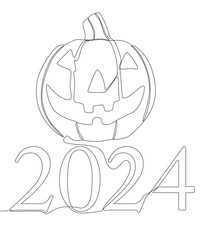 Poster - One continuous line of number 2024 and Halloween Jack O' Lantern pumpkin. Thin Line Illustration vector concept. Contour Drawing Creative ideas.