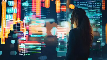 Poster - A woman is looking at a computer screen with a lot of numbers and lines