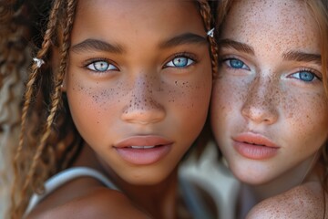 close up portrait of three young girls looking at camera 