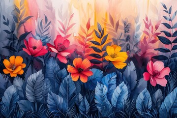 Wall Mural - Floral Watercolor Abstraction with Vibrant Colors and Botanical Elements