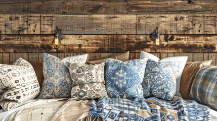 Wall Mural - Cozy Rustic Bedroom with Decorative Pillows and Wood Wall