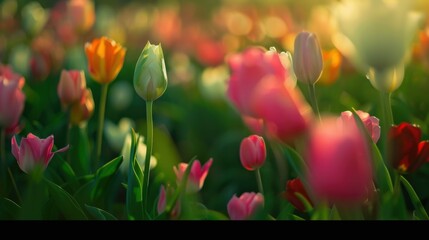 Sticker - Colorful Tulip Field in Blooming Spring Light