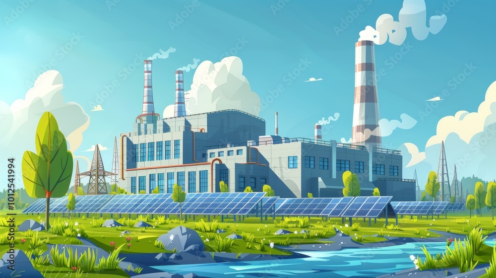Modern cartoon vector illustration of a large power plant with ...