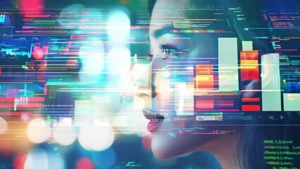 Poster - A woman's face is projected onto a computer screen, with a red lip and a glowing