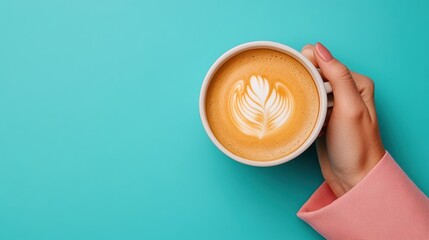 A top-down view highlights a cup of coffee with exquisite latte art, set against a blue backdrop, capturing elegance, simplicity, and coziness in a modern setting.