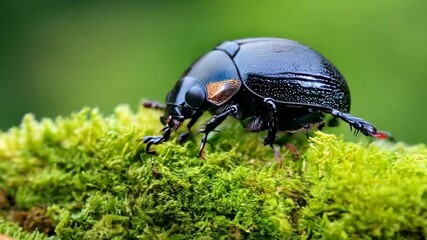 Poster - A black bug is on a green mossy surface