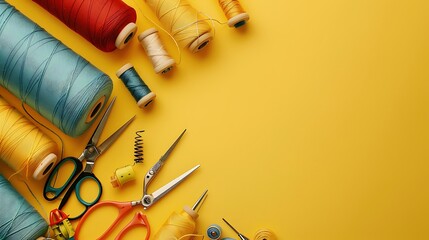 Sewing tools on yellow background. Top view with copy space