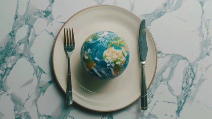 A globe on a plate with a fork and knife on a light background, a World Food Day wallpaper concept  
ChatGPT said:
ChatGPT
