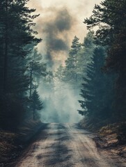 Wall Mural - serene forest path amidst smoke