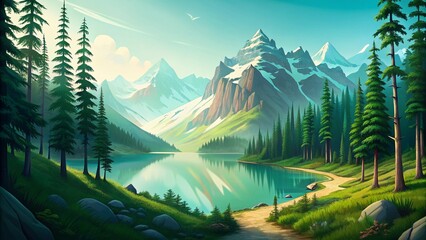 mountain and forest landscape illustration