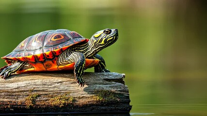 Poster - Colorful turtle basking on a log in a serene pond, nature photography concept