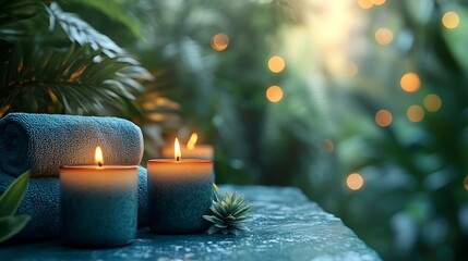 Three lit candles with two blue towels on a stone surface in front of a green and yellow bokeh background.