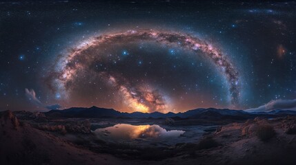 A panorama of the Milky Way galaxy with dense star clusters and dark cosmic voids, creating a stunning visual across the night sky.
