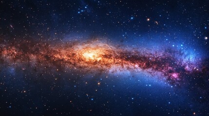 Wall Mural - A panoramic image of a distant spiral galaxy with bright stars, glowing nebulae, and deep space hues of blue and purple.