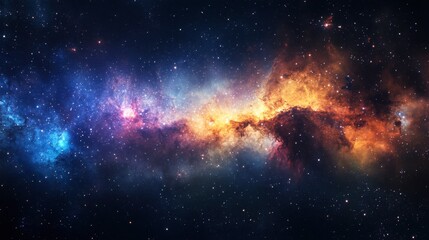 Wall Mural - A panoramic shot of a galaxy with colorful nebula clouds and bright stars, set against the dark backdrop of space.