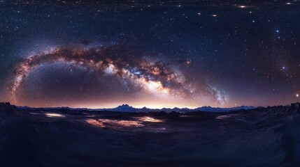 Wall Mural - A panoramic shot of the Milky Way galaxy with bright stars, glowing nebula clouds, and cosmic dust, creating a mesmerizing cosmic display.