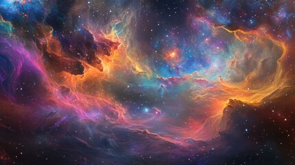 Wall Mural - A panoramic view of a colorful galaxy with vibrant star clusters, swirling cosmic dust, and glowing nebula clouds.