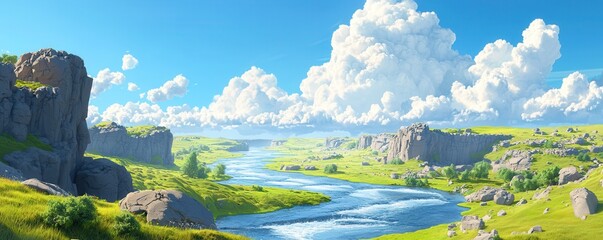 Wall Mural - Serene River Valley with Dramatic Clouds.