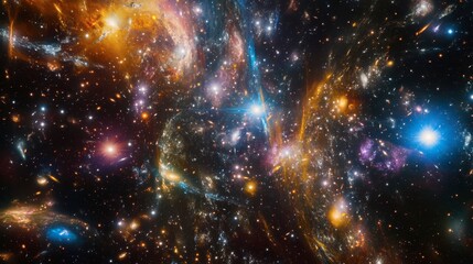 Wall Mural - A panoramic view of a distant galaxy cluster with swirling colors and bright star formations, showcasing the vastness of space.