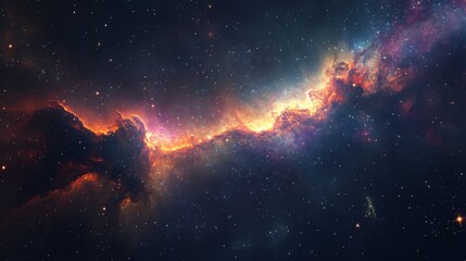 Wall Mural - A panoramic view of a distant galaxy with swirling colors, bright stars, and glowing nebula clouds, showcasing the beauty of space.