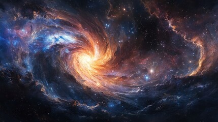 Wall Mural - A panoramic view of a distant galaxy with swirling colors, bright stars, and glowing nebula clouds, showcasing the beauty of space.