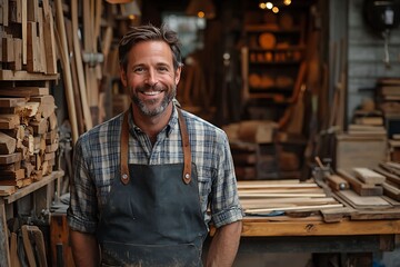 Portrait of a handsome young carpenter smiling at camera in his workshop.