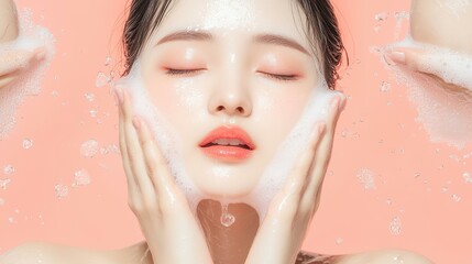 Poster - Stunning closeups of an Asian woman cleansing her face, showcasing flawless skin and magazineworthy beauty.