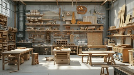 The Concept of Furniture Production: 3D Render of a Furniture Workshop