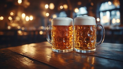 Wall Mural - Two Beer Mugs Filled with Frothy Beer on Wooden Table in Cozy Pub for Celebratory and Social Gathering Themes