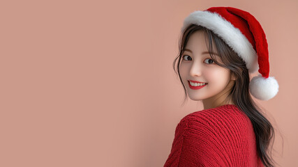 Canvas Print - Korean woman smiling in christmas wear and santa claus hat isolated on pastel