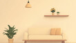 © Thiago - Beige living room interior with wooden shelf, sofa and decorative flowers on beige wall background. simple home design concept for minimalist modern house interiour. Minimalist Design. Illustration