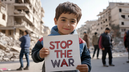 Little boy holding a STOP THE WAR sign against a destroyed war city background. A young child stands in a devastated urban area, clutching a sign urging for an end to warfare amid destruction.