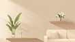 © Thiago - Beige living room interior with wooden shelf, sofa and decorative flowers on beige wall background. simple home design concept for minimalist modern house interiour. Minimalist Design. Illustration