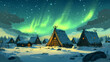 An ancient viking settlement under the northern lights. Viking Settlement. Illustration