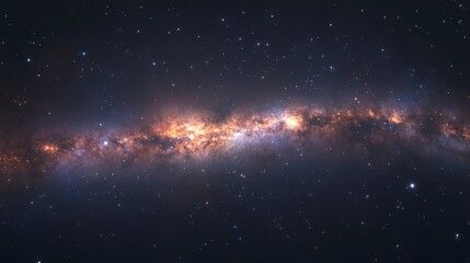 Wall Mural - A wide panorama of the Milky Way galaxy with dense star clusters, glowing nebulae, and dark cosmic voids, stretching across the night sky.