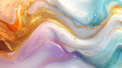 Wall Mural - Beautiful White and Pastel Liquid Swirls with Gold Glitter. Luxurious Acrylic Pour Background. Generative AI.