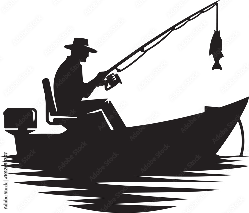 silhouette of a fisherman fishing on a boat vector art illustration ...