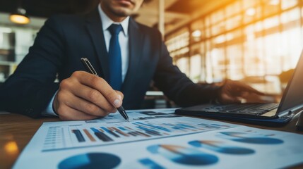 Poster - A businessman analyzing financial graphs related to real estate investments, showcasing strategic planning.