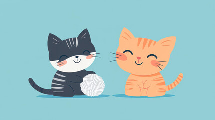 Canvas Print - A cute 2D kitten frolics with a yarn ball in this charming, modern flat illustration, perfect for any cat lover.