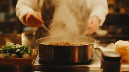 Chef crafting a steaming bowl of gourmet noodles in a professional kitchen, highlighting culinary expertise and delicious dining experience.