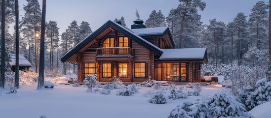 Wall Mural - A cozy wooden cabin with a snow-covered roof and yard sits in a snowy forest at dusk. The windows glow with warm light.