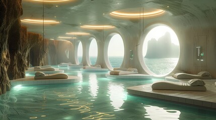 Poster - Futuristic Spa Interior with Panoramic Ocean Views