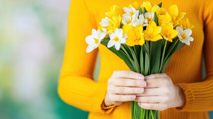 Wall Mural - A graceful woman cradles a vibrant bouquet of yellow and white blooms, with a soft, blurred backdrop enhancing the scene.