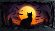 © LuvTK - A black cat with its back arched under a full moon, paper-cut style, glowing moon casting soft light on the cat, bats swirling around the sky, twisted trees nearby,