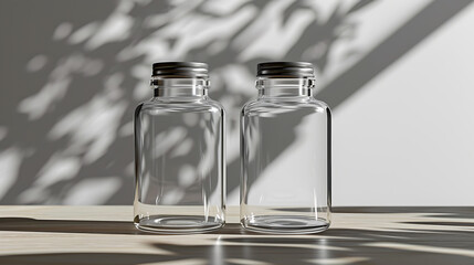 Wall Mural - Two clear glass bottles with metal lids sit side by side on a wooden table, with soft light casting shadows on the wall behind.