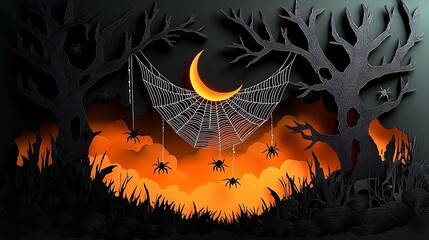 A creepy spider web spanning between two trees, paper-cut style, spiders dangling from silken threads, crescent moon casting eerie light through the web, layered paper textures with sharp cuts,