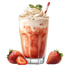 Wall Mural - Glass of strawberry smoothie with whipped cream isolated on white background