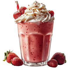 Wall Mural - Glass of strawberry smoothie with whipped cream isolated on white background