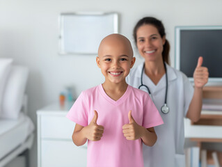 Smiling girl cancer patient showing thumbs up. Happy bald kid in pink shirt giving thumbs up with a female doctor in background in hospital room. Childhood cancer awareness