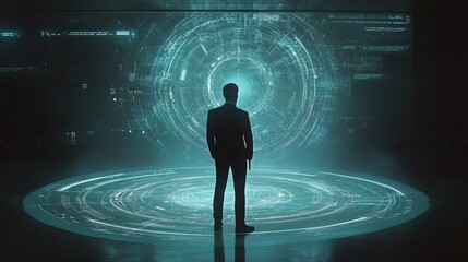 Poster - A man stands before a floating hologram, using a pen to engage with a document management system, highlighting the intersection of technology and productivity